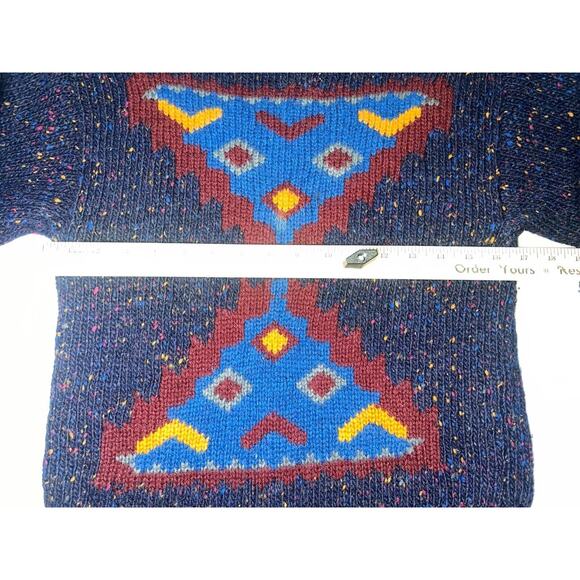 Geometric Rainbow Speckled Navy Blue Wool Sweater - Picture 8 of 15